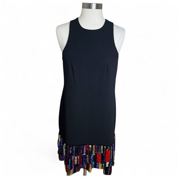 Trina Turk Shift Dress Womens 2 Black Multi Berry Sequin Drop Waist Ruffle Hem - Picture 1 of 9